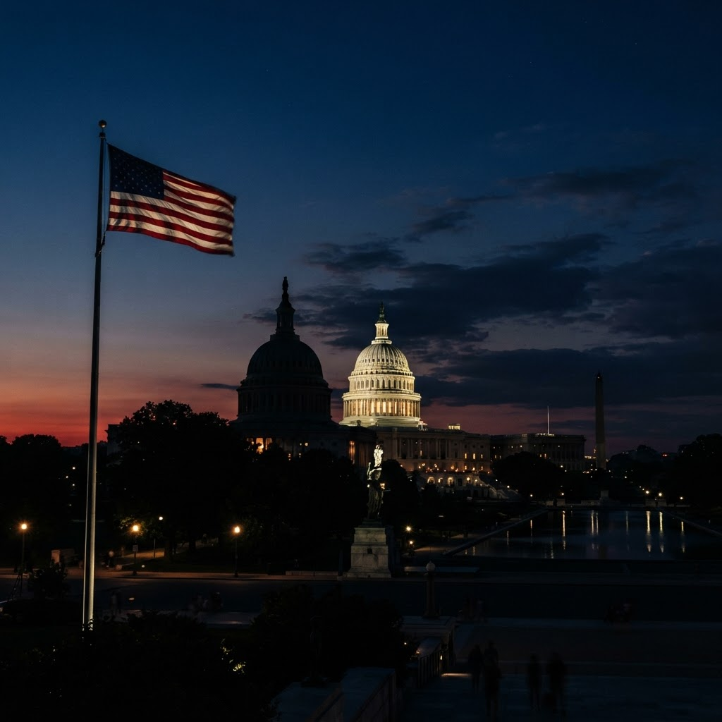 Government capitol building at dusk with an American flag